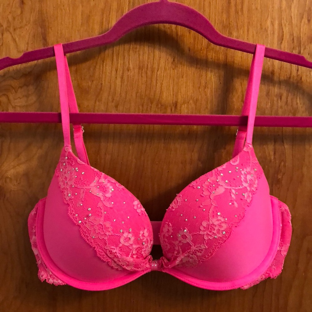 Victoria’s Secret hot pink lace sparkle bra